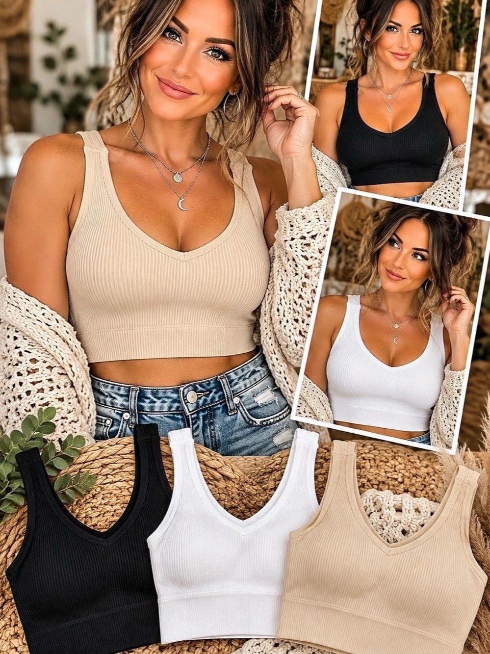 Zenana Women's Seamless Ribbed Crop Tank Top 3-Pack Black & White S/M